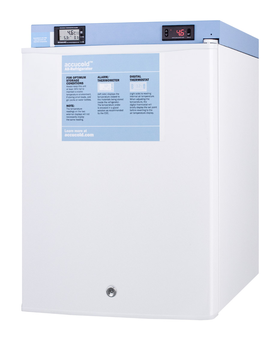 Compact auto defrost medical/scientific all-refrigerator with digital thermostat, NIST calibrated thermometer/alarm, front lock, hospital grade cord, and internal fan